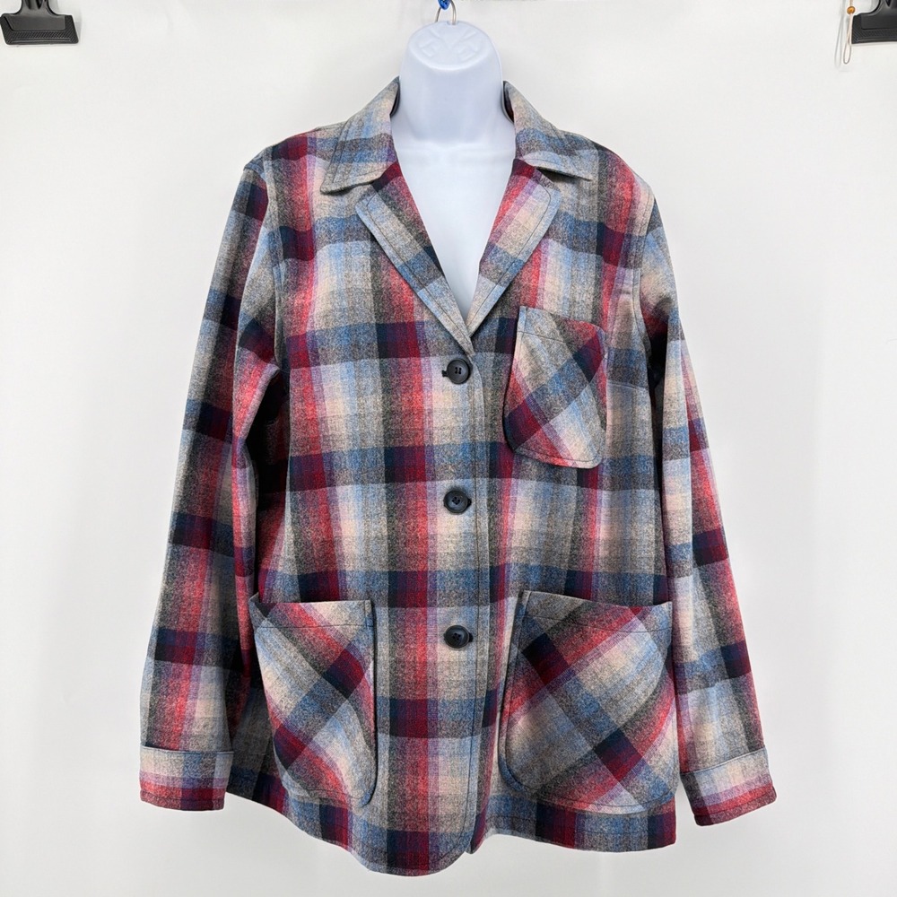 Pendleton 100% Virgin Wool Plaid Shacket Jacket Notch Collar Chore Coat XL Blue